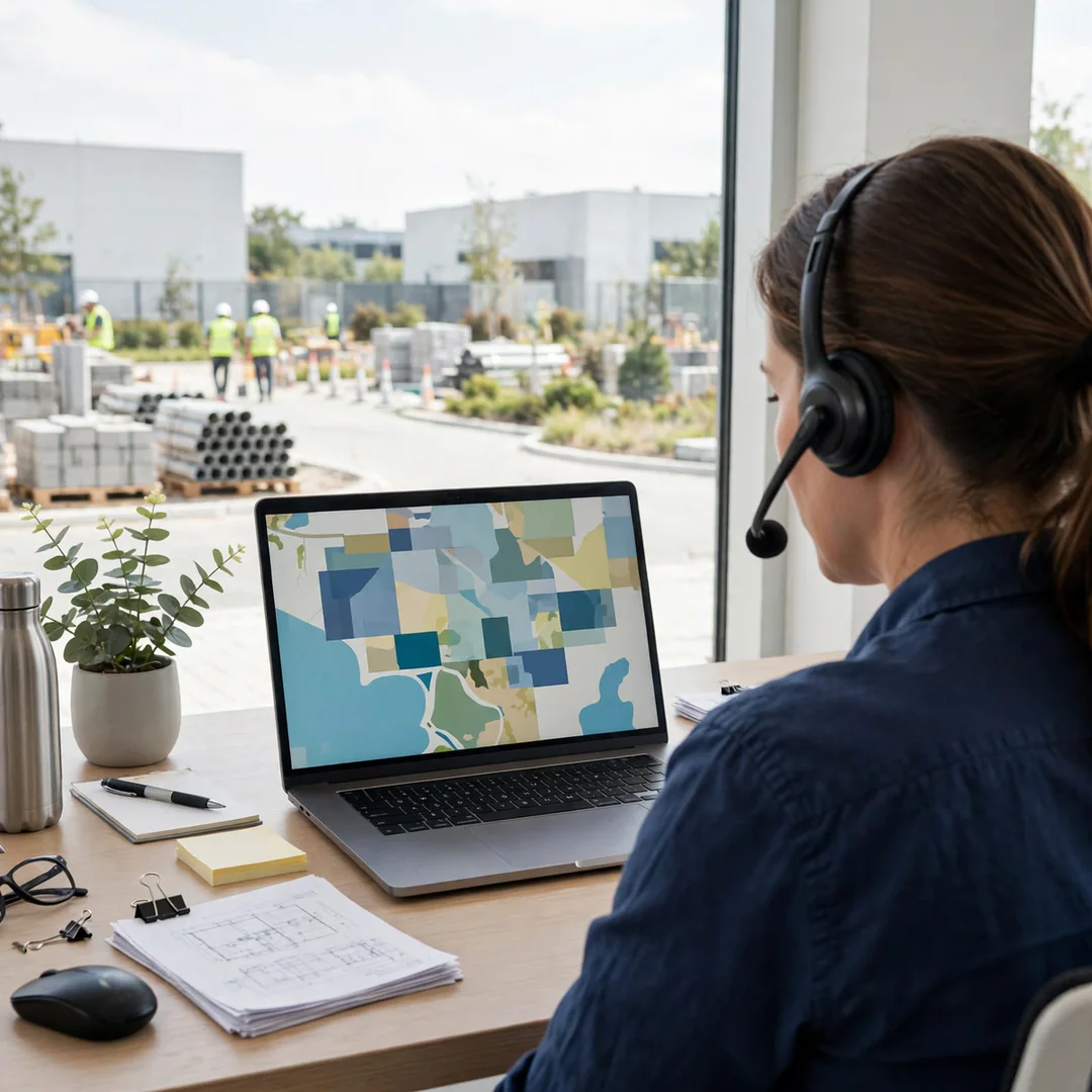 Coordinator on a phone call at a bright modern desk