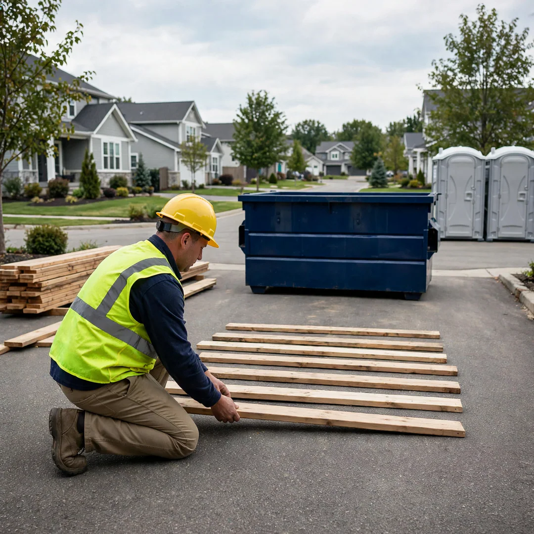 Technician placing boards before a dumpster delivery