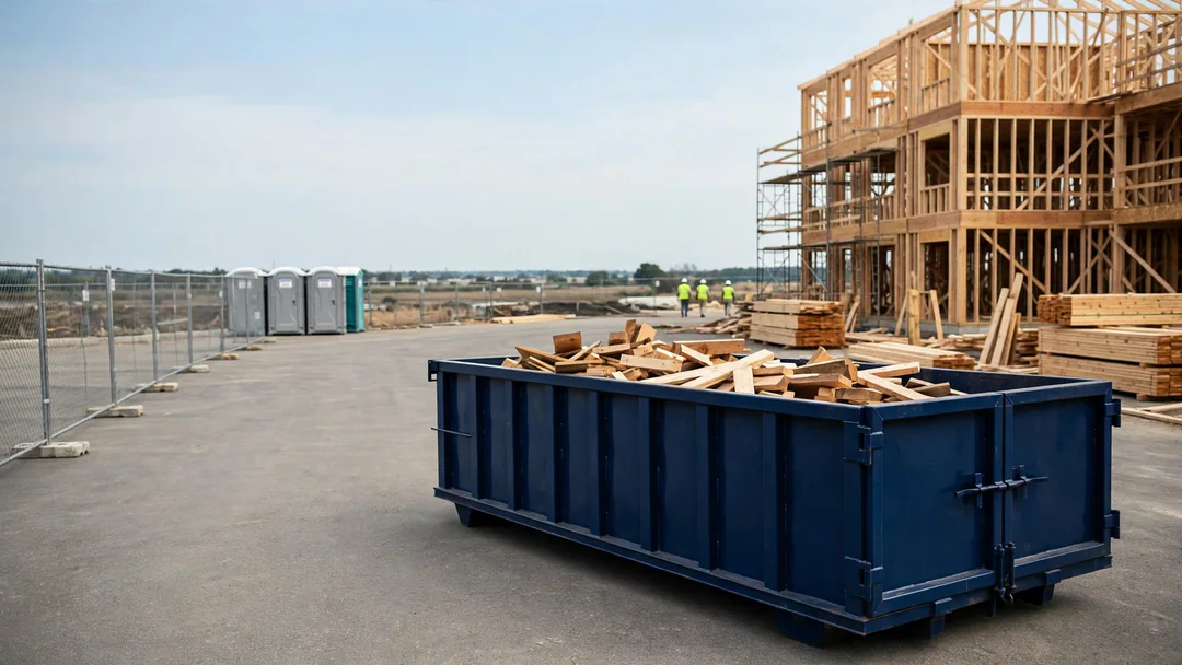 Construction dumpster beside a new building frame on an active job site