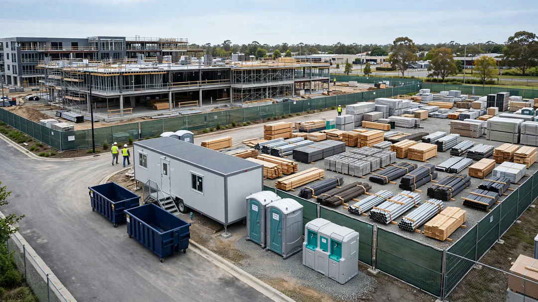 Organized construction site with a roll-off dumpster and portable toilets at the perimeter