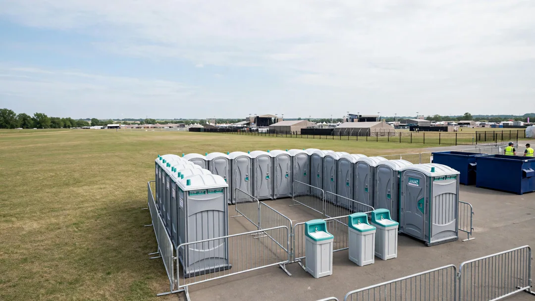Large organized cluster of portable toilets with an accessible unit and handwashing stations at an outdoor event
