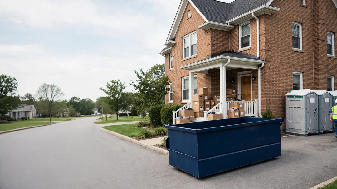 Dumpster at a well-kept older home during an estate cleanout